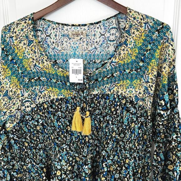 NWT One World Knee-Length Boho Floral Dress Tassels Smocking Women’s L - Picture 2 of 11